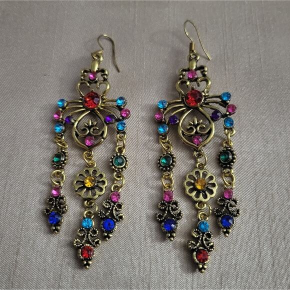 Colorful boho gold tone chandelier earrings - Picture 2 of 3